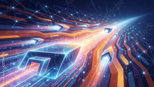 Abstract digital background with glowing data packets moving through a high speed network.