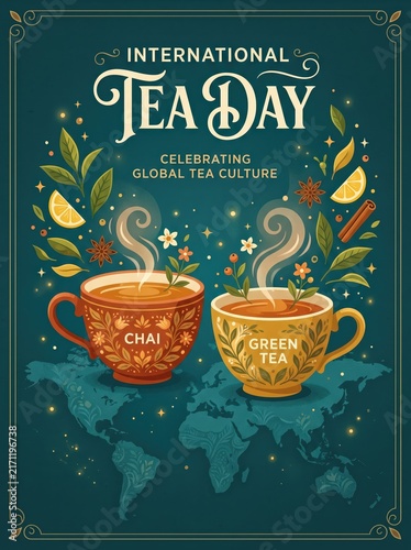 International tea day poster with two steaming cups labeled chai and green tea over world map decorated with citrus cinnamon and floral motifs celebrating global tea culture