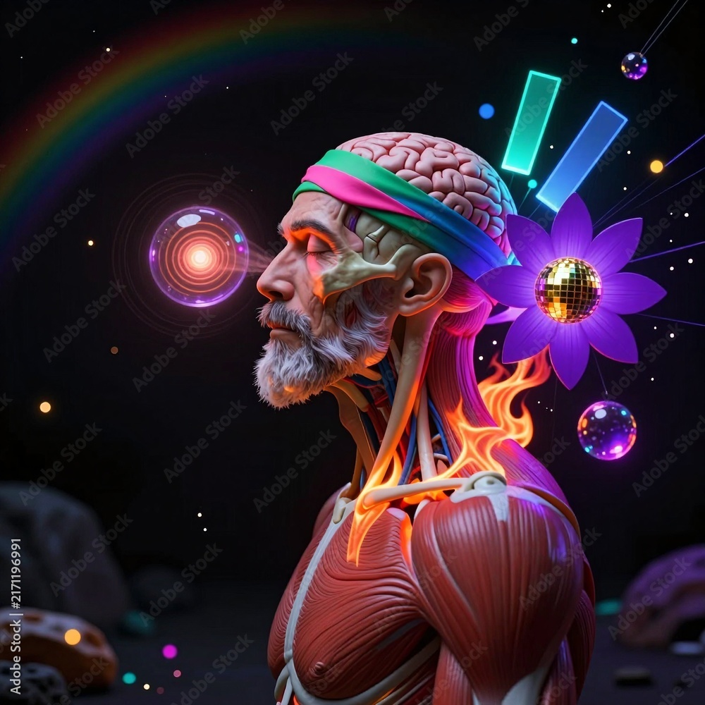 Naklejka premium Surreal Anatomical Figure with Cosmic and Neon Elements