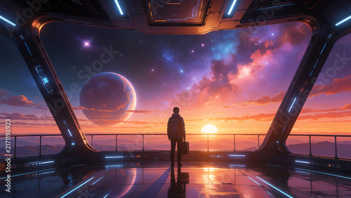 A lone traveler looking out from a futuristic spaceship window at a beautiful alien sunset.