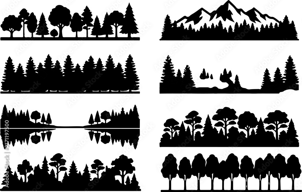 Fototapeta premium Web Set of black forest tree silhouettes and mountain landscapes vector illustration with tree silhouette mountain landscape pine trees