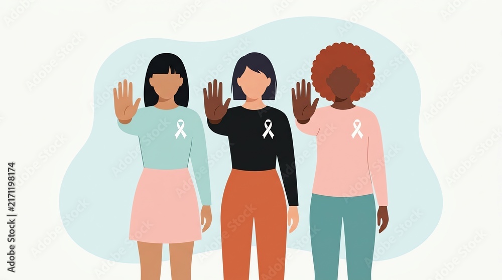 Obraz premium Diverse Women Showing Stop Gesture with Awareness Ribbons