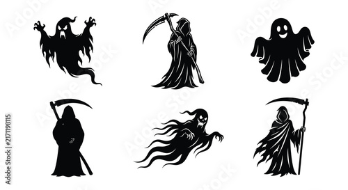 Bild auf Leinwand Black vector silhouettes of grim reapers and ghostly figures