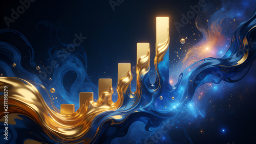 Abstract financial growth chart with flowing gold and blue liquid waves.