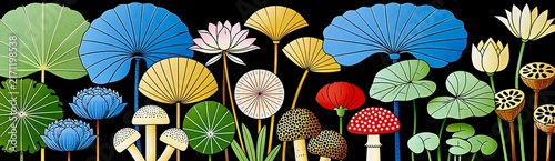 Colorful Lotus Leaves Flowers and Mushrooms Botanical Illustration Banner on Black