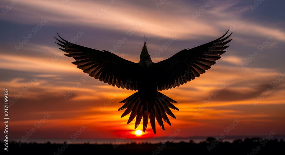 Fototapeta premium Silhouette of a bird flying with spread wings against a colorful sunset