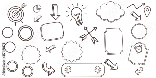 Collection of hand drawn business and creative doodle elements including arrows frames lightbulbs and target icons