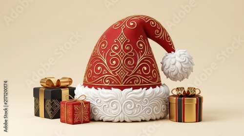Festive santa hat with intricate golden ornamentation and wrapped gifts on beige background