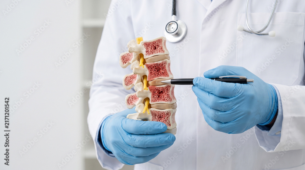 Obraz premium Doctor points pen to lumbar vertebrae and spinal disc model, showing spine anatomy and bone structure in clinic
