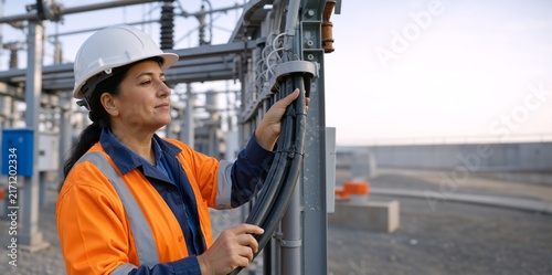 Female electrical engineer inspecting cables at power substation. Woman technician in safety vest and hard hat working on electricity grid