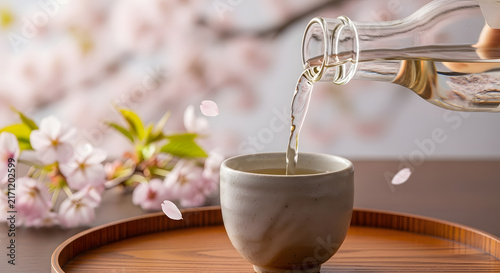 Delicate sake pouring into a ceramic cup with cherry blossoms and petals