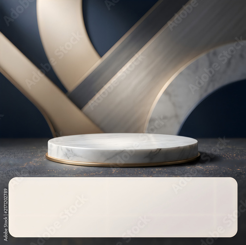 Marble Podium Product Display with Gold Rim, Abstract Geometric Background and Blank Label