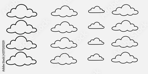 Set of hand drawn cloud icons in doodle style isolated on a light gray background