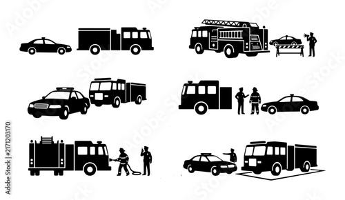 Emergency Response Icons: Fire Truck, Police Car, and Rescuers, Vector Set