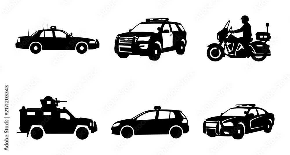 Fototapeta premium Police Vehicle Icons: Patrol Car, SUV, Motorcycle, Armored Truck, Sedan, Vector Set