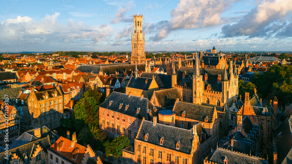 Obraz premium Aerial view of Bruges city during sunrise Belgium