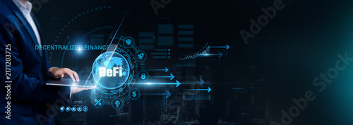 фотографія Businessman using laptop for analyzing DeFi and global financial data, decentralized finance, digital assets, blockchain networks, financial innovation