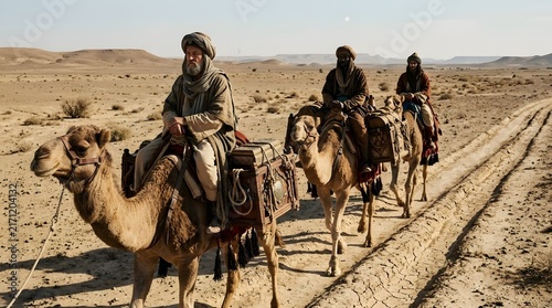 A cinematic close-up of the Three Kings riding camels beneath a crisp winter desert sky, their treasured offerings nestled inside traditional carriers decorated with understated craftsmanship, distant