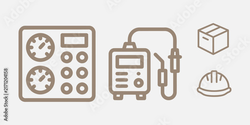 Set of industrial equipment icons featuring a control panel welding machine delivery box and a safety helmet