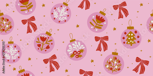 Foto Girly Christmas bauble seamless pattern with pink hand drawn ornaments featuring