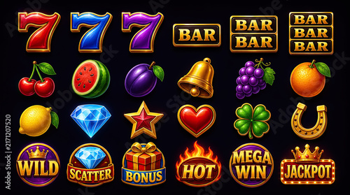 Casino Slot Machine Game Icons Collection gambling interface design on a black background.