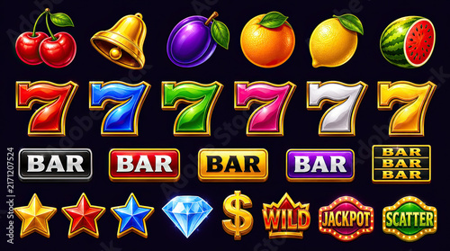 Casino Slot Game Symbols Set elements isolated on black.
