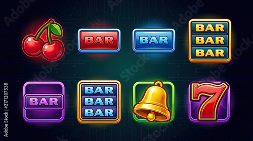 Set of Neon Slot Machine Game Symbols neon light effects on a dark background.