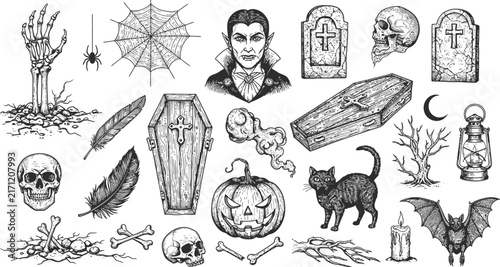 Set of hand drawn gothic illustrations featuring vampires coffins skulls black cats bats and other spooky elements for halloween design