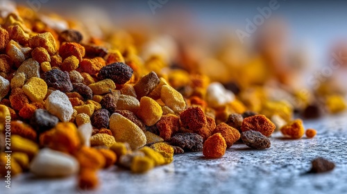 Vibrant colors of pollen scattered on a textured surface