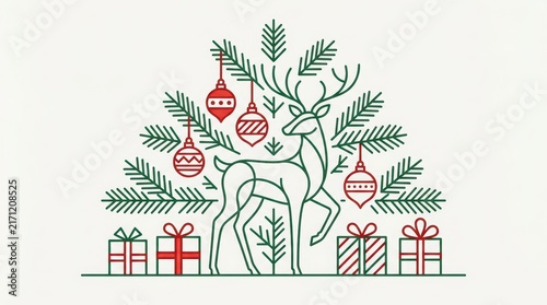 Minimalist christmas tree with reindeer, ornaments and gifts, isolated on white background