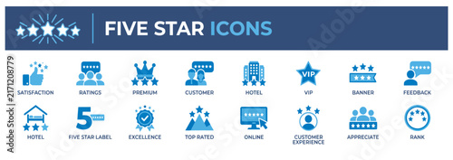 Set of five star rating and customer satisfaction icons.