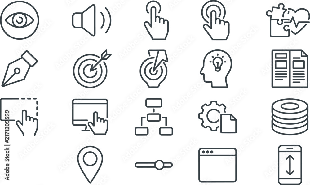 Fototapeta premium Minimalist black and white web interface icons pack featuring thin line art vector symbols of marketing targets data organization user touch actions and system settings
