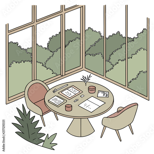 Minimalist home office setup with laptop on round wooden table next to potted plant and large window showing mountain landscape desk setup home workspace office illustration remote work