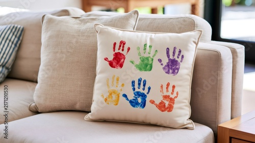 Sofa cushion displaying colorful child handprints at home