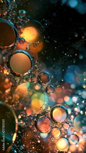 Colorful bubbles drift slowly in oil and water with a backlit glow against a dark background  creating a mesmerizing effect.