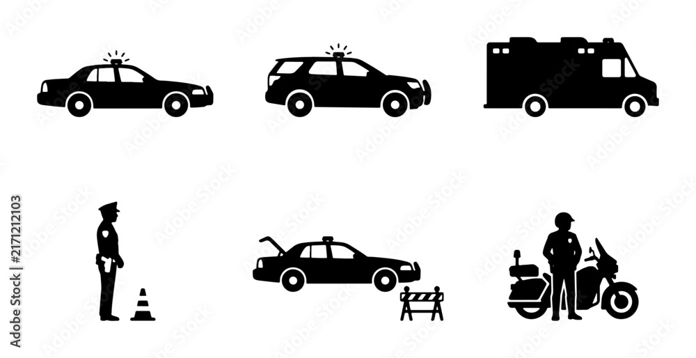 Naklejka premium Police Icons Set: Law Enforcement Vehicles, Officers, Motorcycle, Ambulance, Traffic Control