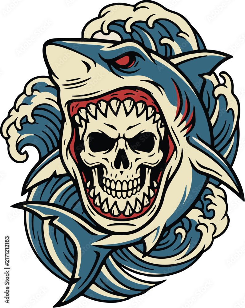 Fototapeta premium Shark attacking human skull vector illustration with ocean waves and nautical theme