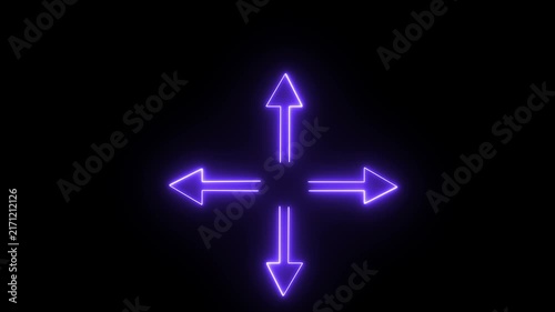 Abstract neon arrows pointing in four directions creating dynamic motion graphic loop on black background.