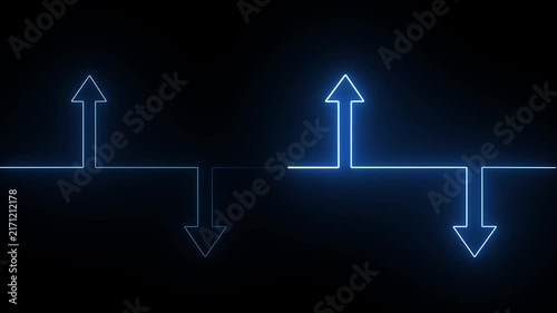 Abstract blue light neon line animation showing continuous directional movement with glowing arrows pointing up and down across black studio background area.