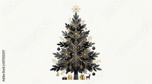 Elegant minimalist christmas tree in black and gold watercolor style isolated on white background