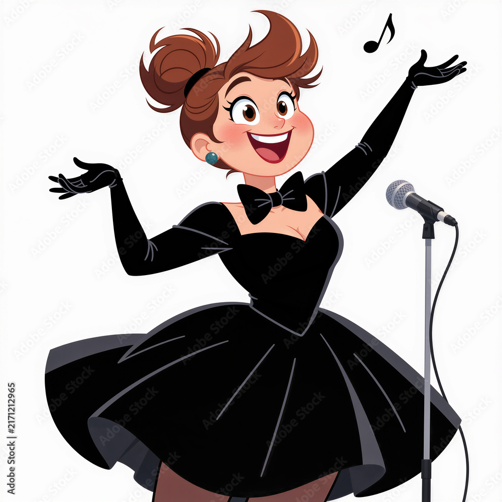 Fototapeta premium Vibrant cartoon illustration of an Opera Singer woman with a gigantic bow tie radiating exuberance on a white background.