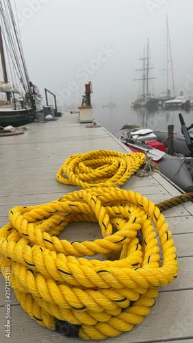 Bright Yellow Marine Rope on Dock in Vertical Format