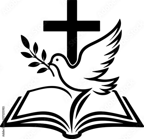 Dove of peace holding an olive branch above an open holy bible and cross