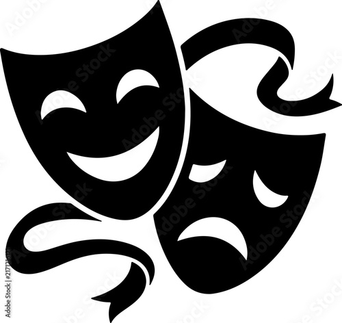 Theatrical comedy and tragedy masks with ribbons in black silhouette style