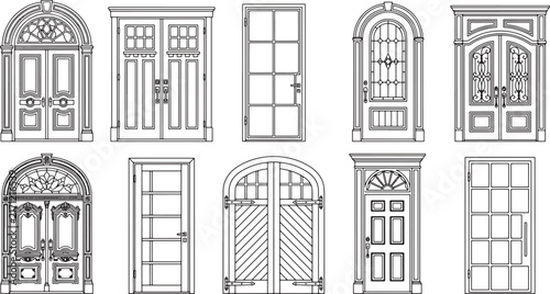 Set of ten architectural door designs in black and white line art vector illustration style