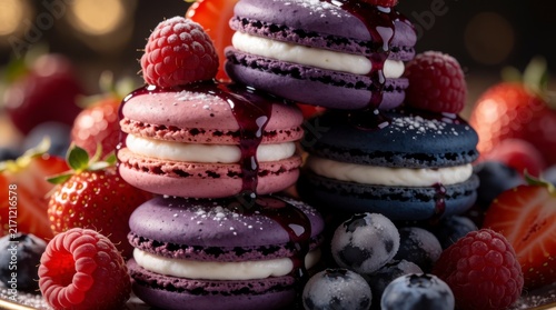 Stack of colorful French macarons with fresh raspberries, blueberries, and strawberries, drizzled with berry sauce, concept of sweet indulgence and gourmet dessert