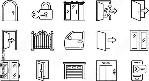 Set of fifteen black and white line art icons representing various doors and entry access points
