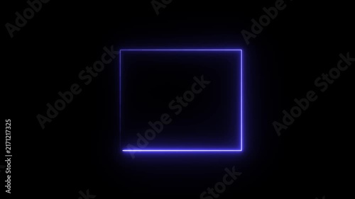 4K animation of a glowing neon purple square frame, perfectly centered on a solid black background. Minimalist luminous futuristic border.