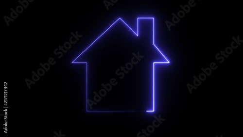 4K glowing neon house outline icon with bright luminous light effect isolated on solid black background.