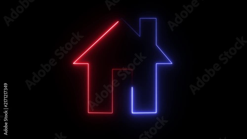 4K glowing neon house icon with asymmetric red and blue outline lighting on solid black background.